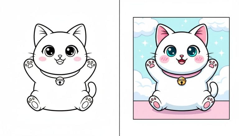 Page de coloriage de kawaii avec un chat joyeux dans une pose joueuse, en noir et blanc avec des contours épais.