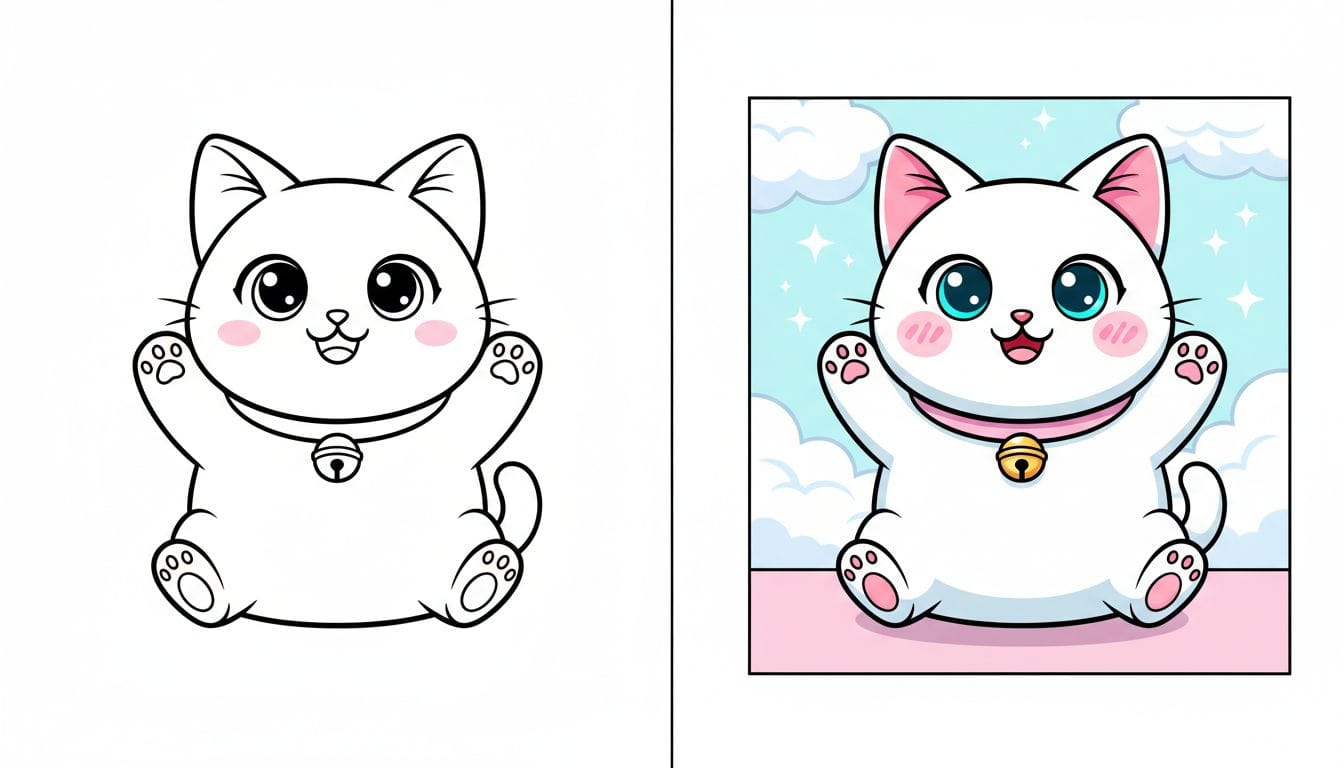 Home 18 Page de coloriage de kawaii avec un chat joyeux dans une pose joueuse, en noir et blanc avec des contours épais.