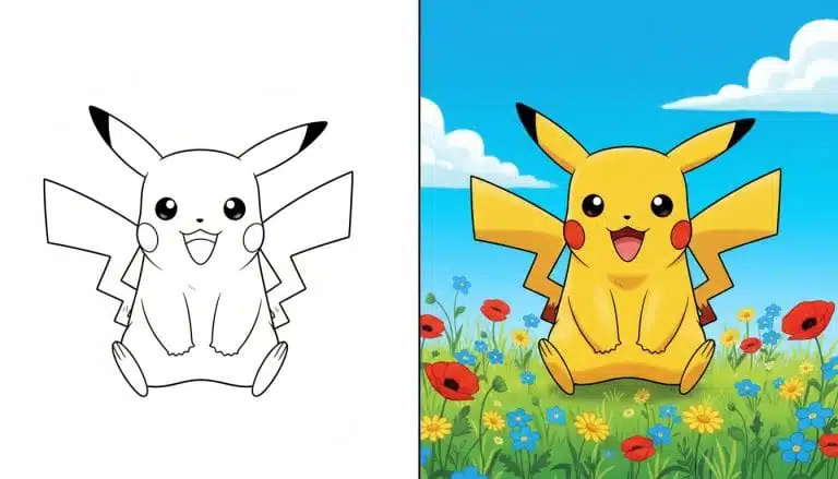 Coloriages de Pokemon 4 Coloriage de pokemon avec Pikachu souriant sur fond blanc en noir et blanc avec des contours épais.