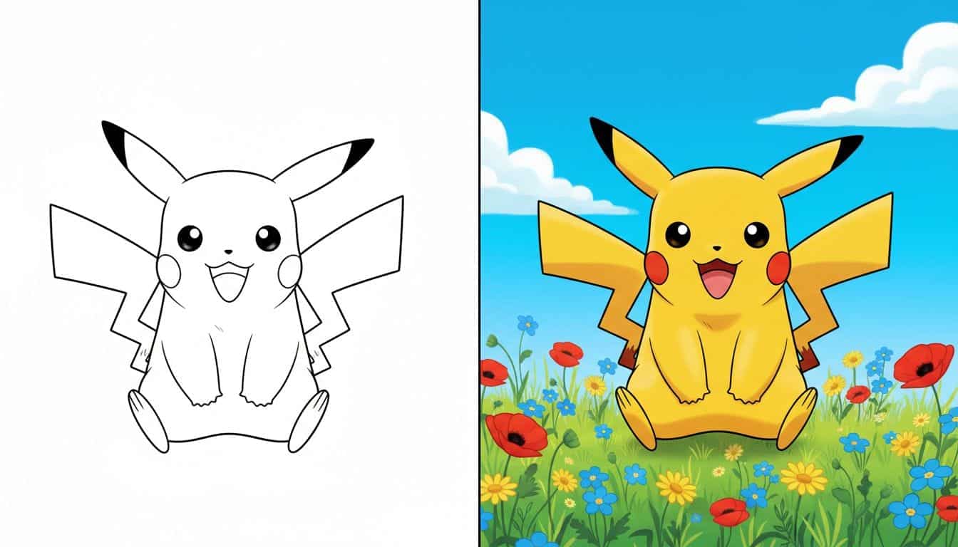Coloriages de Pokemon 1 Coloriage de pokemon avec Pikachu souriant sur fond blanc en noir et blanc avec des contours épais.