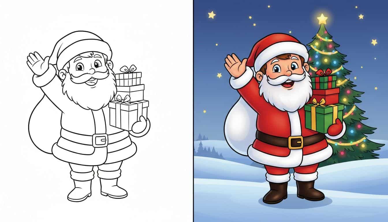 Coloriage Décembre : enfant costumé de Père Noël levant une main, en noir et blanc avec des contours épais.