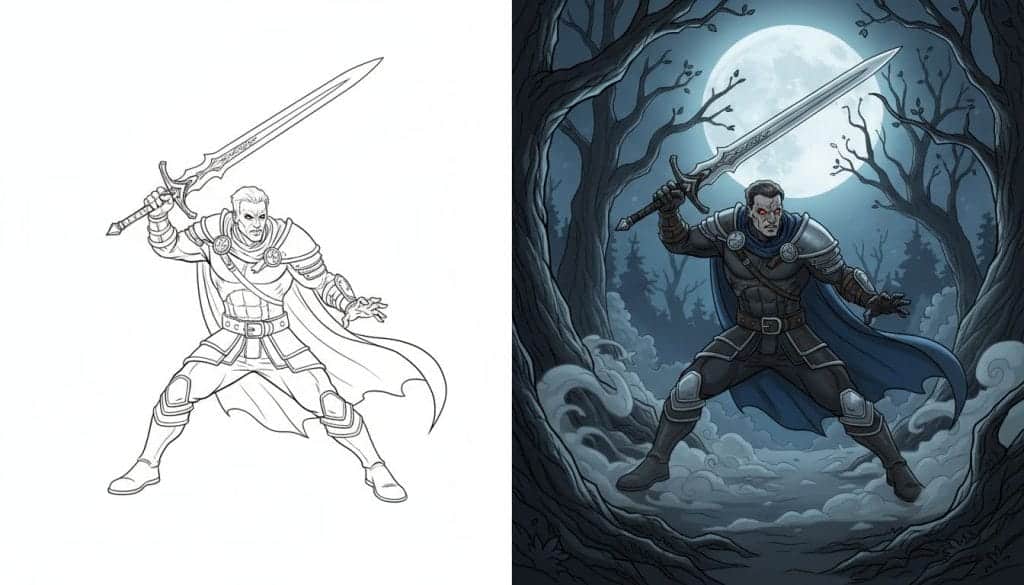Coloriage demon hunter en noir et blanc, pose de combat avec épée et contours épais.