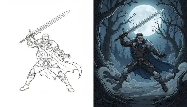 Coloriages de demon hunter 7 Coloriage demon hunter en noir et blanc, pose de combat avec épée et contours épais.