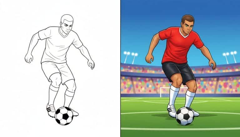 coloriage du foot avec un joueur dribblant un ballon, page en noir et blanc avec des contours épais.