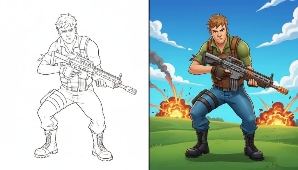 coloriage fortnite de Jonesy, personnage déterminé avec une arme. Page en noir et blanc avec des contours épais.