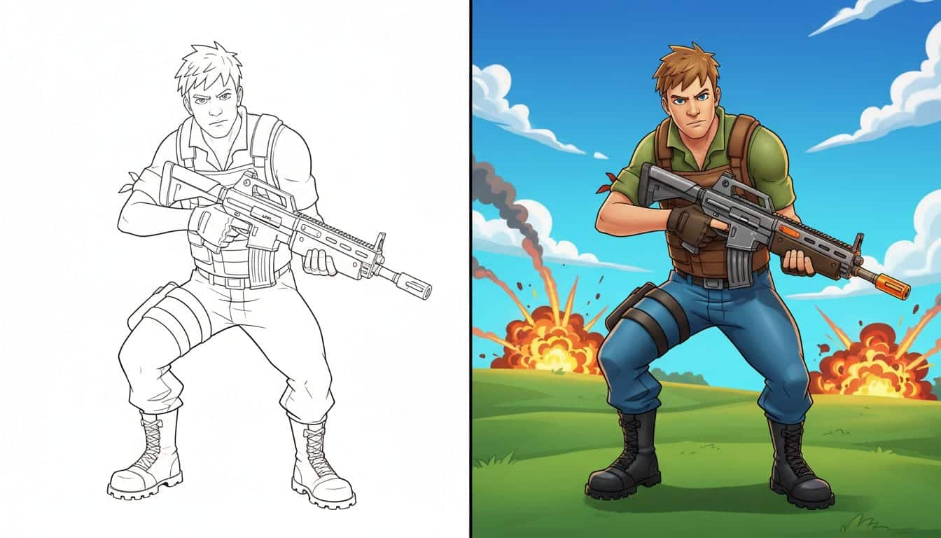 Home 17 coloriage fortnite de Jonesy, personnage déterminé avec une arme. Page en noir et blanc avec des contours épais.