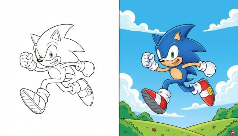 coloriage sonic représentant Sonic le hérisson courant à toute vitesse, page en noir et blanc avec des contours épais.