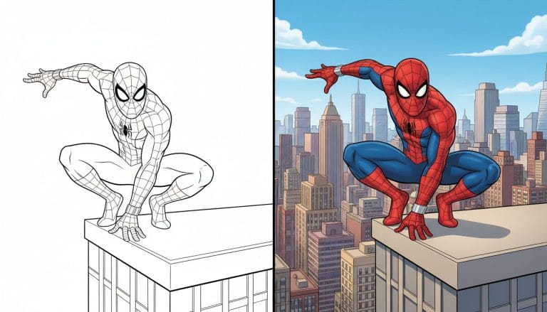 Coloriage Spiderman en noir et blanc avec contours épais, se tenant sur une corniche de gratte-ciel.