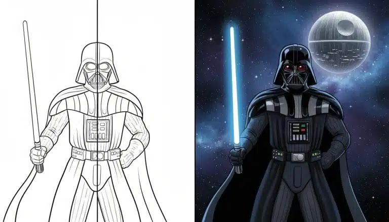 Coloriages de Star Wars 4 Coloriage star wars de Darth Vader tenant son sabre laser, en noir et blanc avec des contours épais.