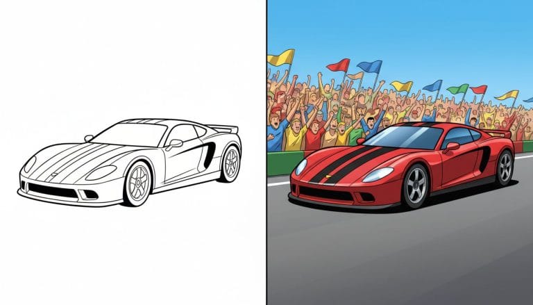 Coloriages de voiture de course 5 Page de coloriage voiture de course représentant une voiture de course en noir et blanc avec des contours épais.